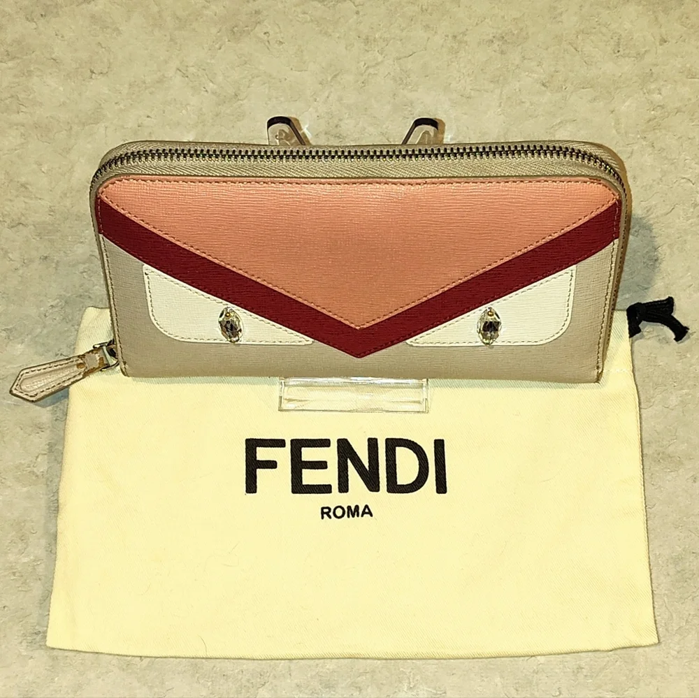 FENDI VITELLO ELITE CRYSTAL EYE  COLORBLOCK MONSTER ZIPPY LONG Wallet & DUSTBAG